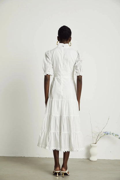 White Lace Trim Puff Sleeve Tiered Midi Dress lace floral-embroidered midi dress Evening Dress by YiHuiw