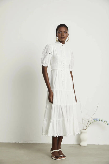 White Lace Trim Puff Sleeve Tiered Midi Dress lace floral-embroidered midi dress Evening Dress by YiHuiw