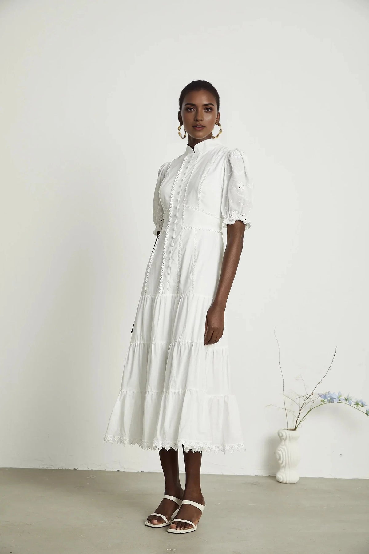 White Lace Trim Puff Sleeve Tiered Midi Dress lace floral-embroidered midi dress Evening Dress by YiHuiw
