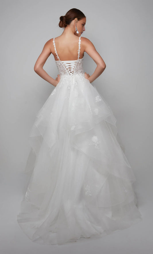 White A-Line V-Neck Tulle Lace-Up Back Ruffled Wedding Dress - Yihuiw by Yihuiw