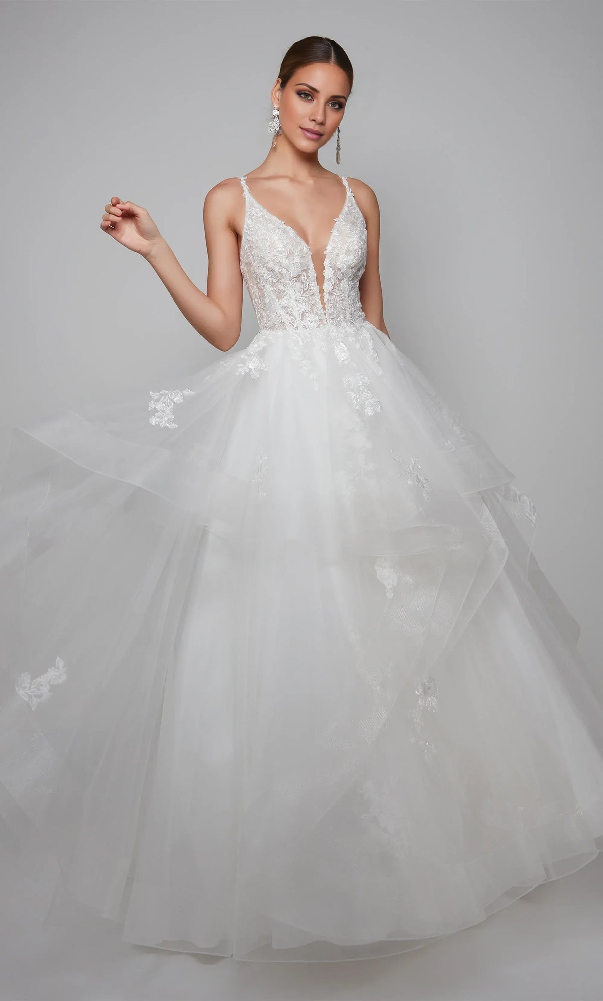 White A-Line V-Neck Tulle Lace-Up Back Ruffled Wedding Dress - Yihuiw by Yihuiw