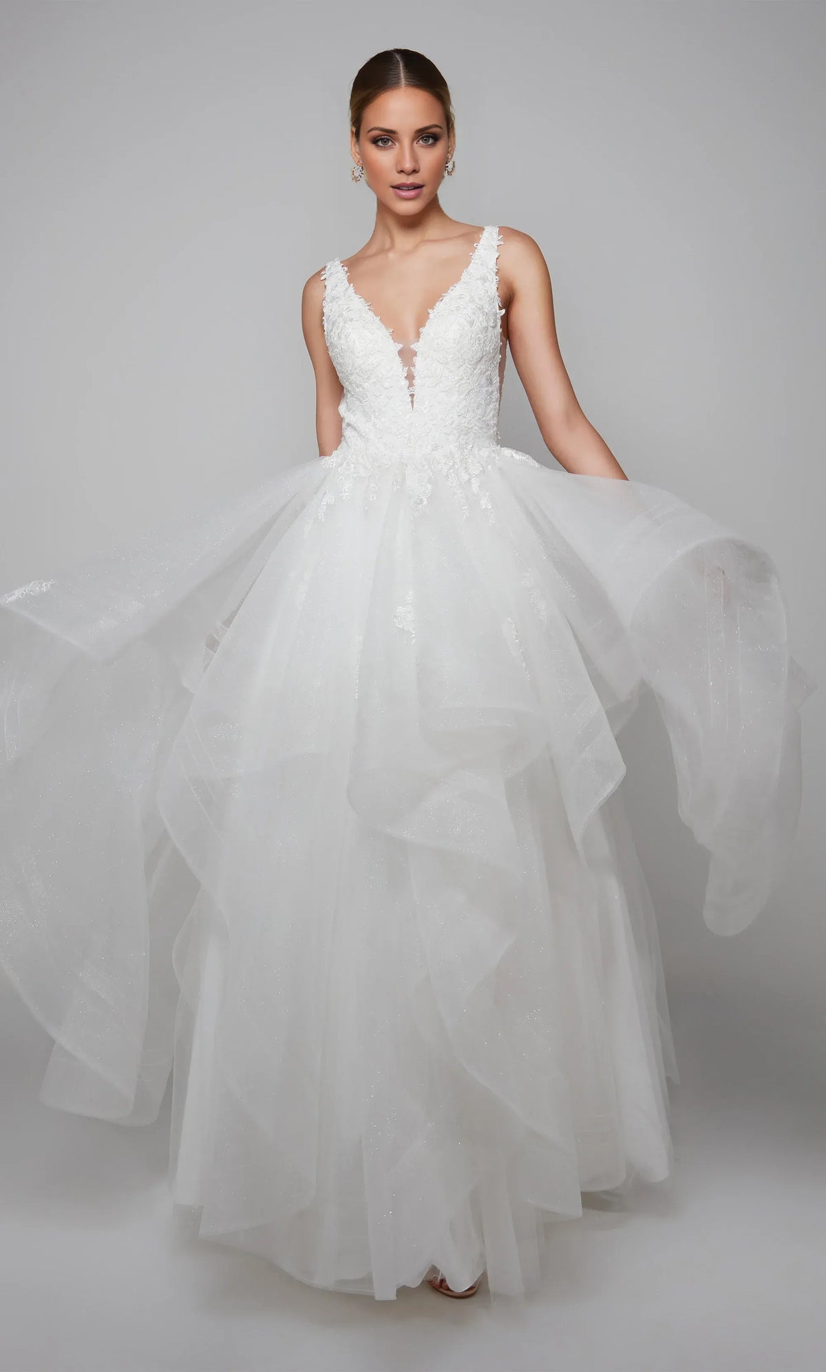 White A-Line V-Neck Tulle Ruffled Wedding Dress - Yihuiw by Yihuiw