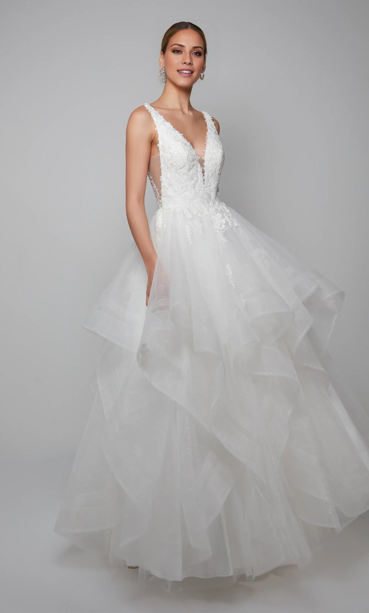 White A-Line V-Neck Tulle Ruffled Wedding Dress - Yihuiw by Yihuiw