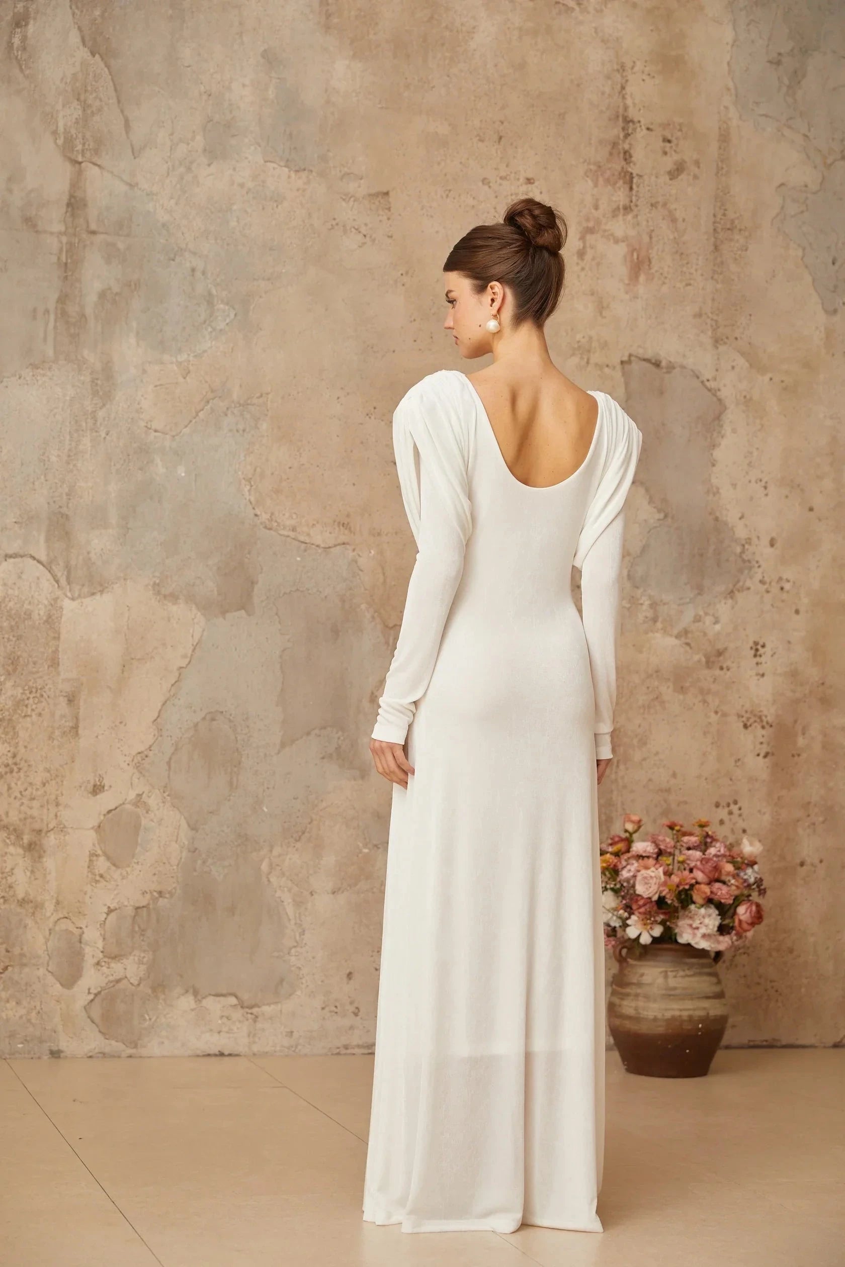 White Long Sleeve Maxi Dress with Cutout Detail white draped shirred maxi dress Evening Dress by YiHuiw