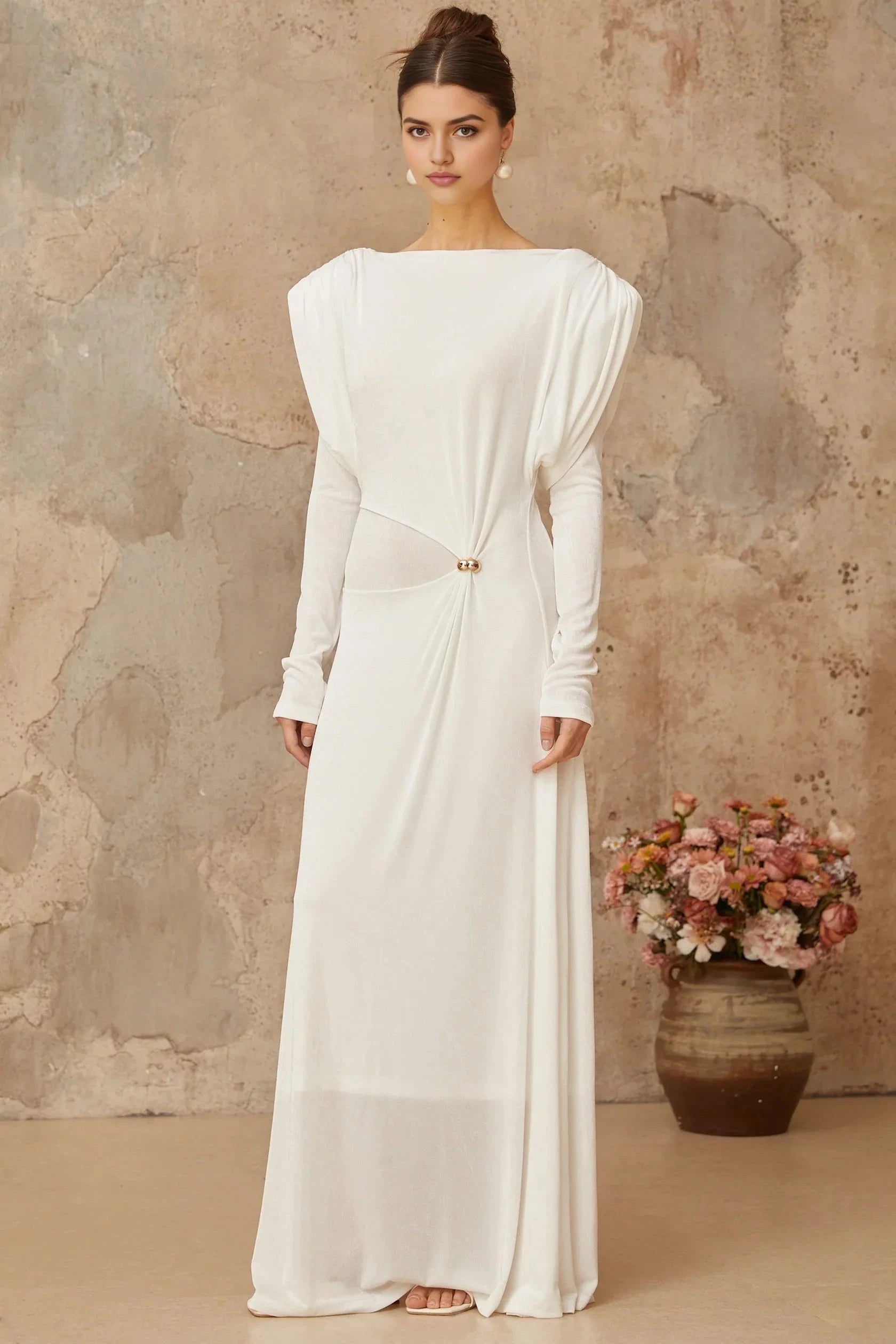 White Long Sleeve Maxi Dress with Cutout Detail white draped shirred maxi dress Evening Dress by YiHuiw