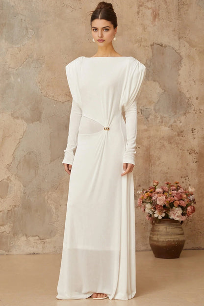 White Long Sleeve Maxi Dress with Cutout Detail white draped shirred maxi dress Evening Dress by YiHuiw