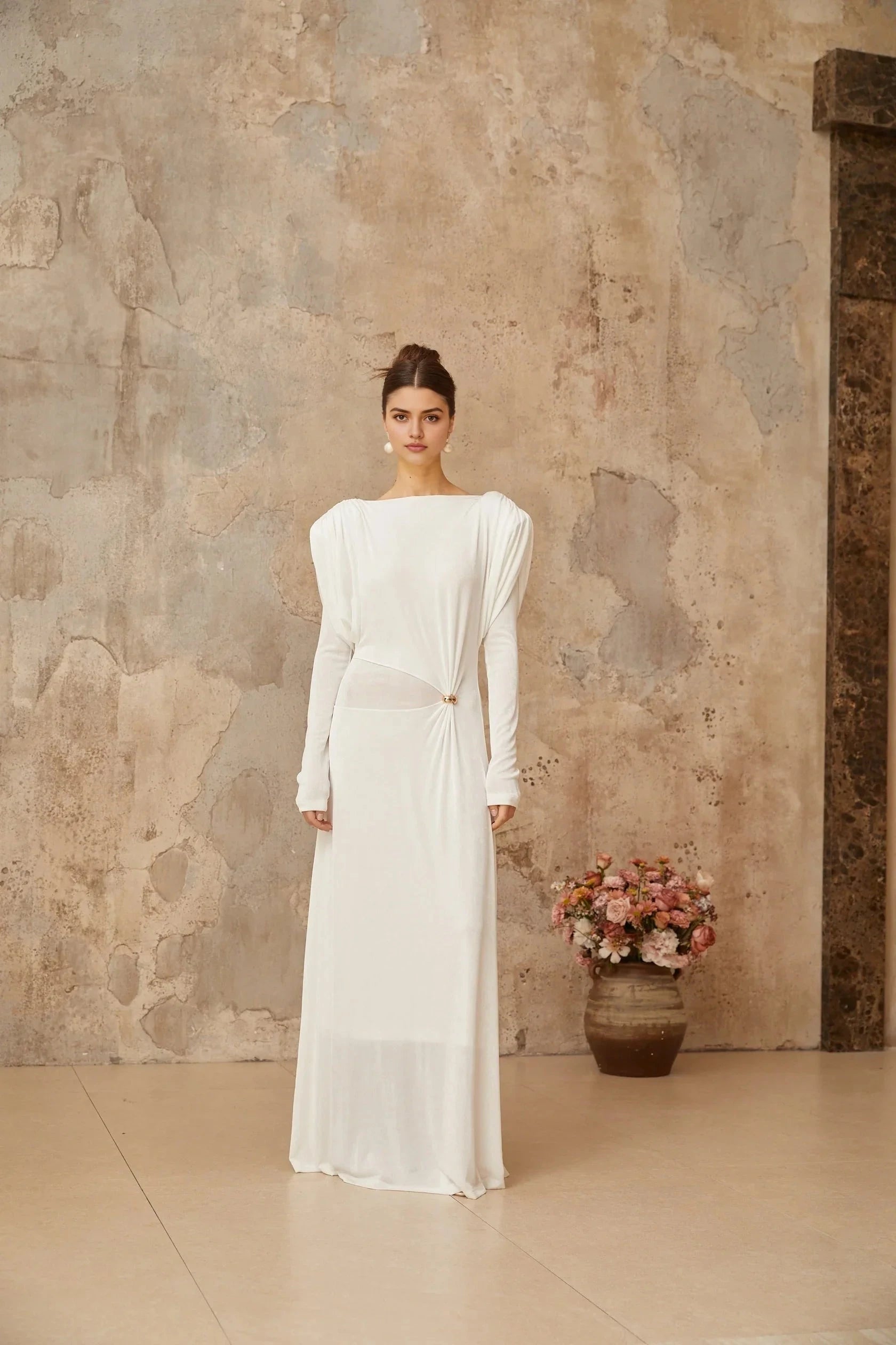White Long Sleeve Maxi Dress with Cutout Detail white draped shirred maxi dress Evening Dress by YiHuiw
