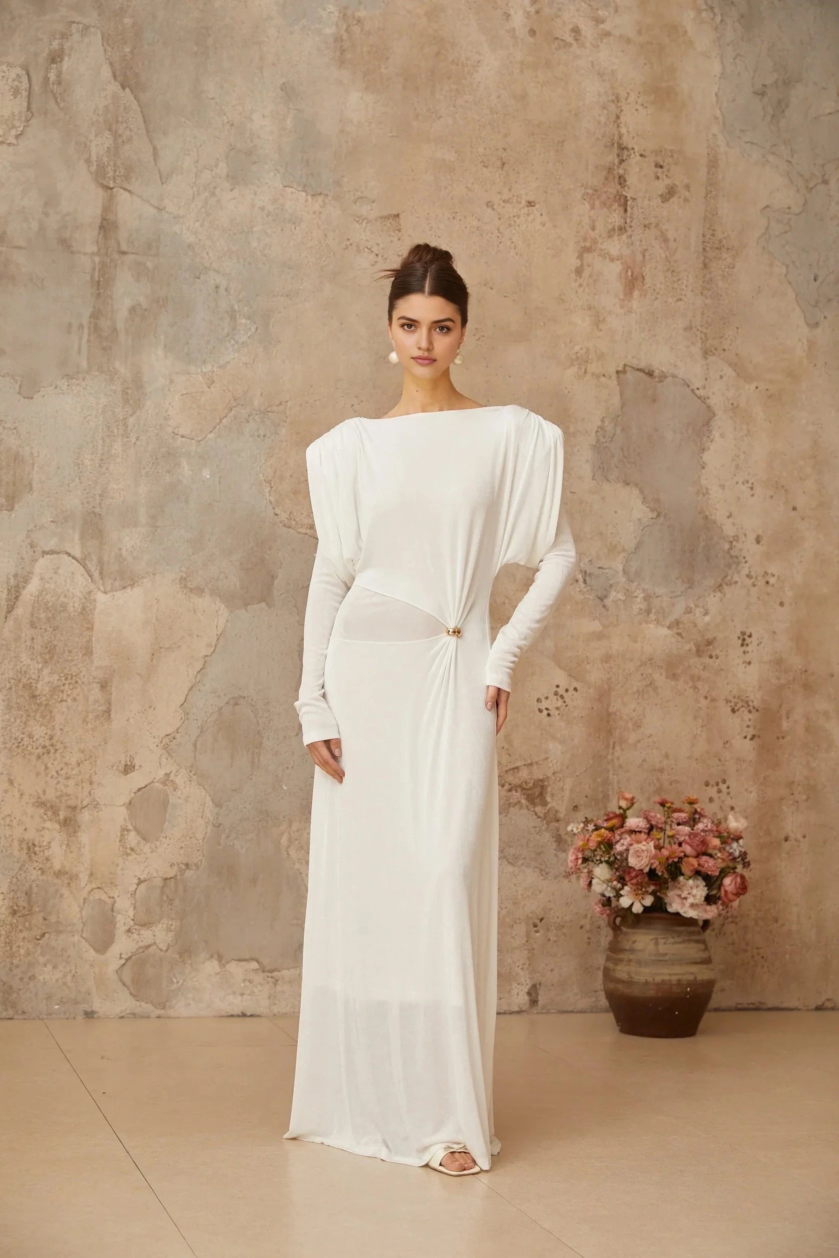 White Long Sleeve Maxi Dress with Cutout Detail white draped shirred maxi dress Evening Dress by YiHuiw