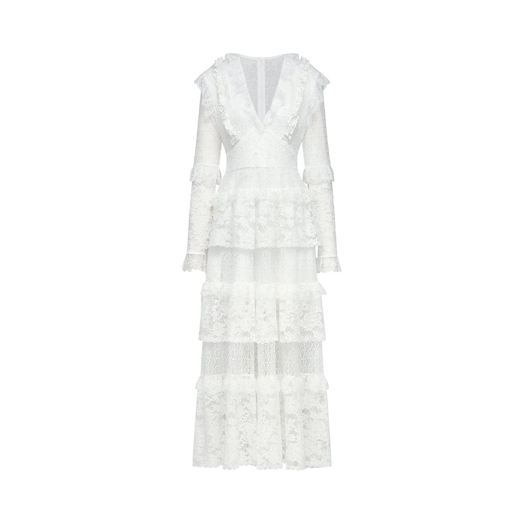 White Long Sleeve Tiered Lace Maxi Dress layered cut-out lace embroidered midi dress Evening Dress by YiHuiw