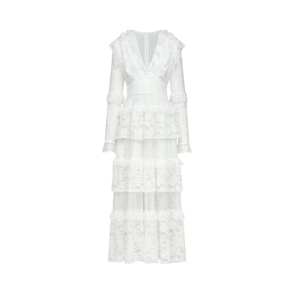 White Long Sleeve Tiered Lace Maxi Dress layered cut-out lace embroidered midi dress Evening Dress by YiHuiw
