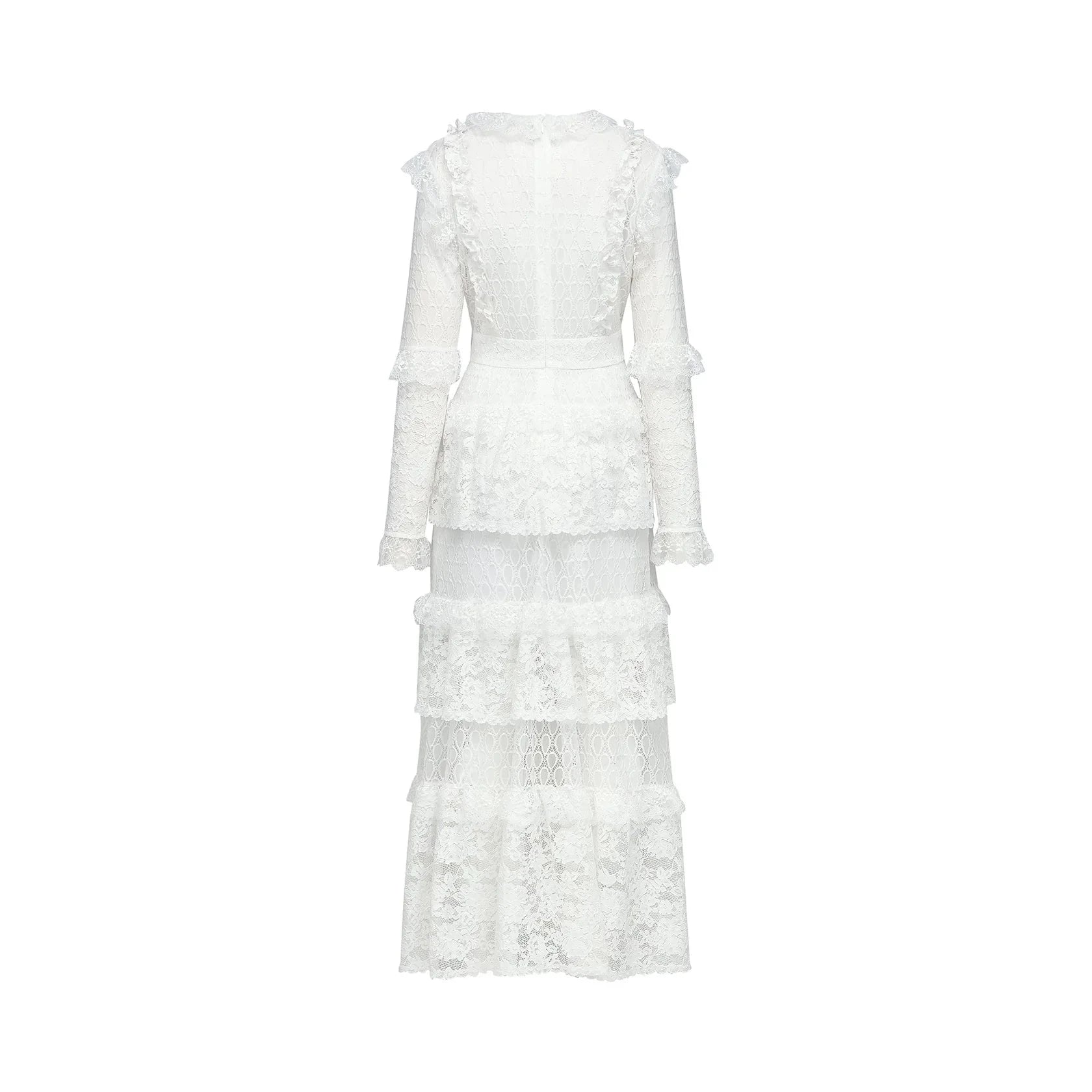 White Long Sleeve Tiered Lace Maxi Dress layered cut-out lace embroidered midi dress Evening Dress by YiHuiw