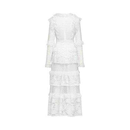 White Long Sleeve Tiered Lace Maxi Dress layered cut-out lace embroidered midi dress Evening Dress by YiHuiw