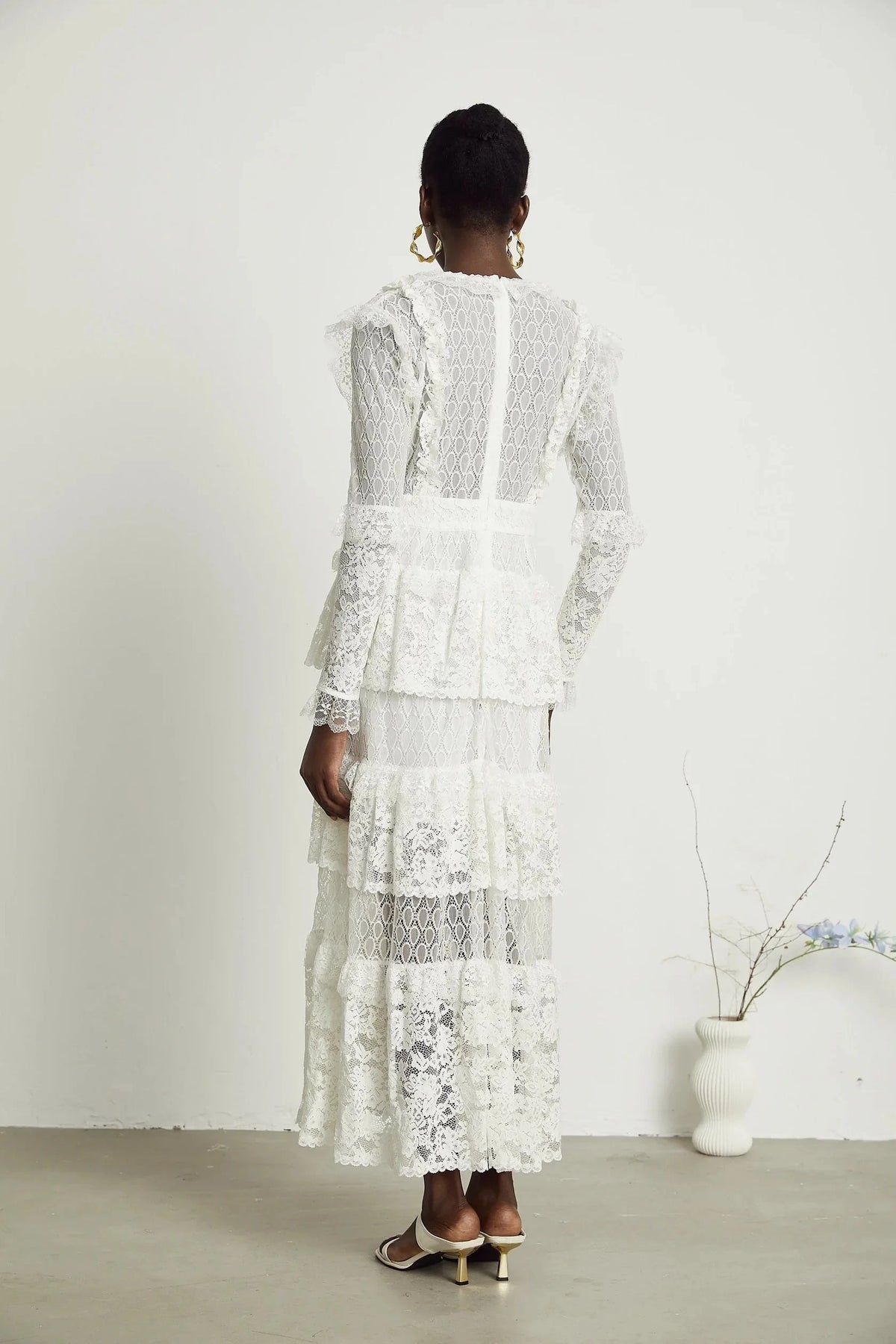 White Long Sleeve Tiered Lace Maxi Dress layered cut-out lace embroidered midi dress Evening Dress by YiHuiw