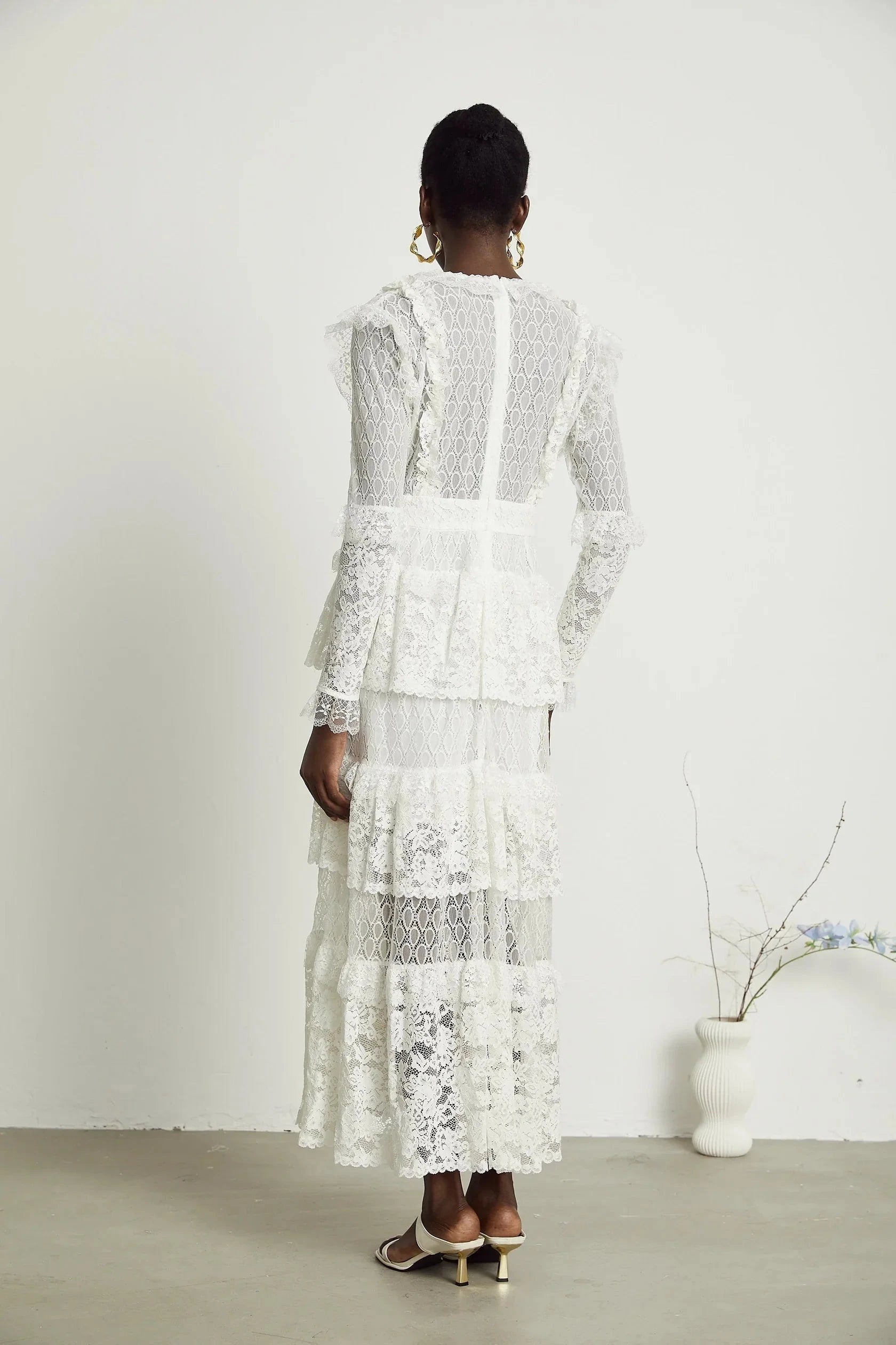 White Long Sleeve Tiered Lace Maxi Dress layered cut-out lace embroidered midi dress Evening Dress by YiHuiw