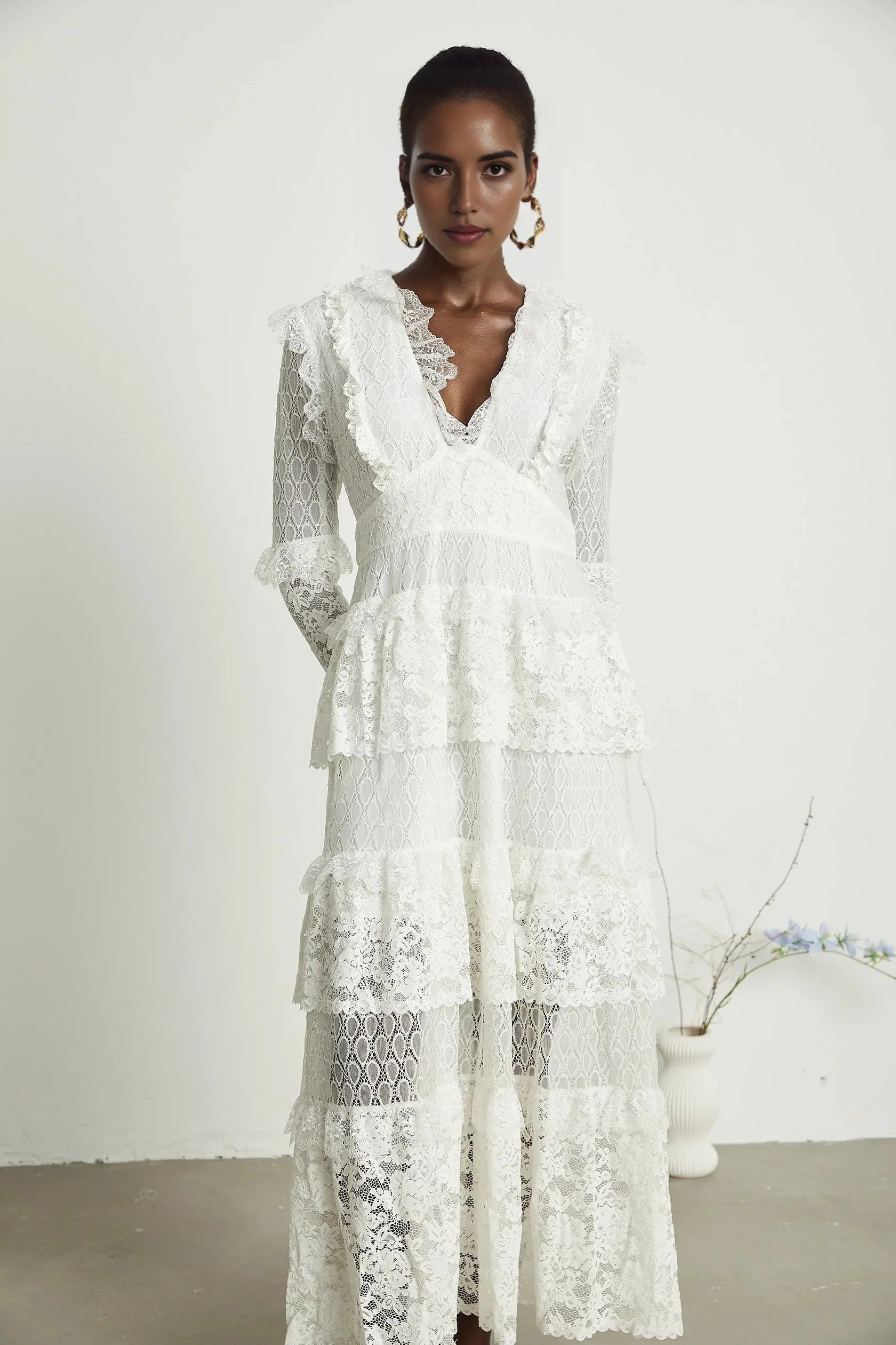 White Long Sleeve Tiered Lace Maxi Dress layered cut-out lace embroidered midi dress Evening Dress by YiHuiw