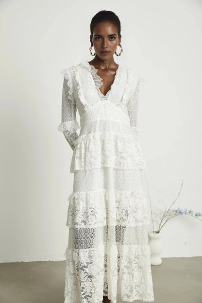 White Long Sleeve Tiered Lace Maxi Dress layered cut-out lace embroidered midi dress Evening Dress by YiHuiw