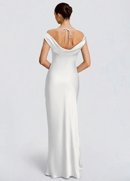 White Mermaid Off-Shoulder Satin Floor-Length Wedding Dress - Yihuiw by Yihuiw