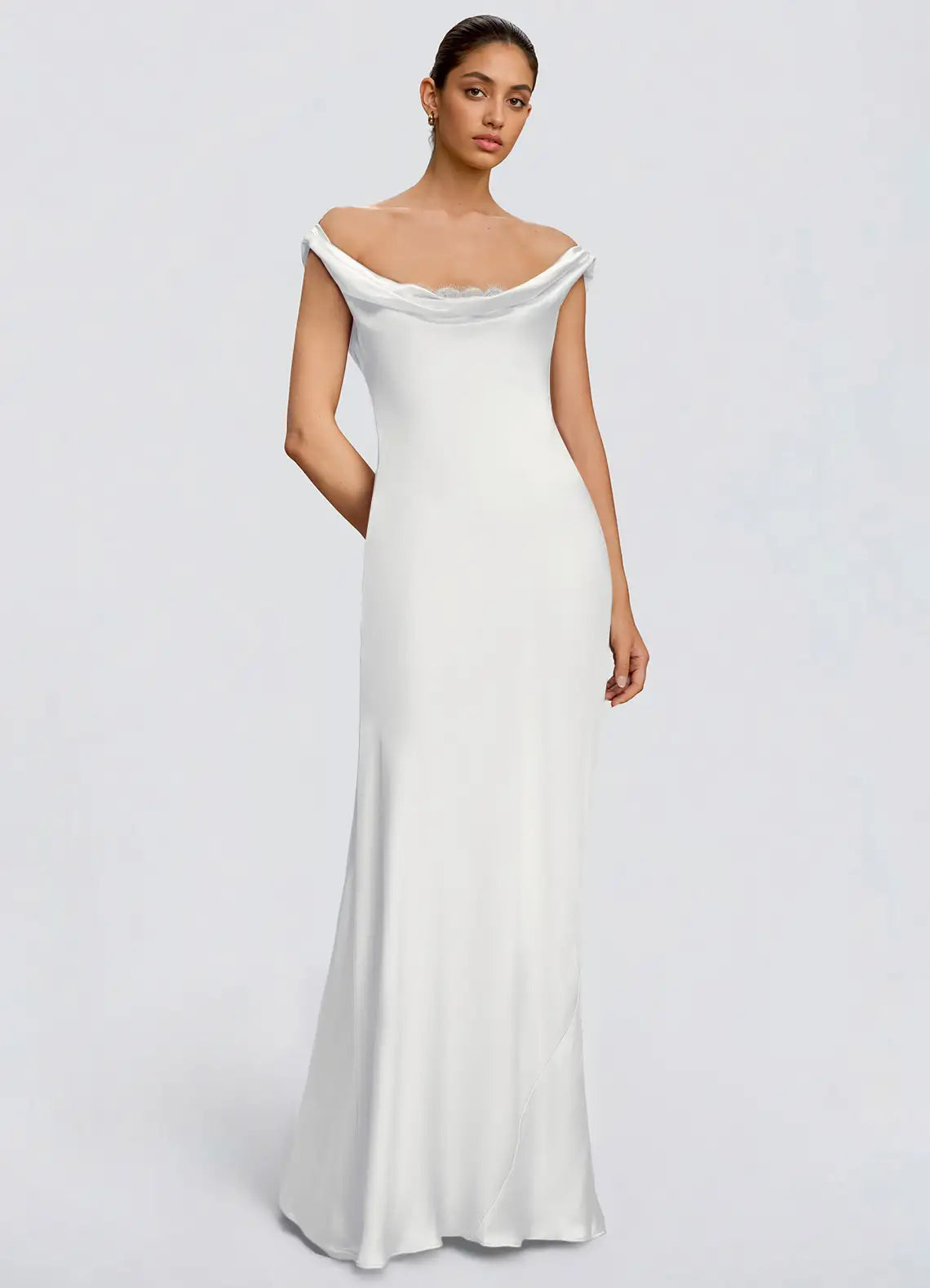 White Mermaid Off-Shoulder Satin Floor-Length Wedding Dress - Yihuiw by Yihuiw