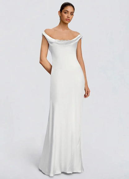 White Mermaid Off-Shoulder Satin Floor-Length Wedding Dress - Yihuiw by Yihuiw