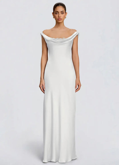 White Mermaid Off-Shoulder Satin Floor-Length Wedding Dress - Yihuiw by Yihuiw
