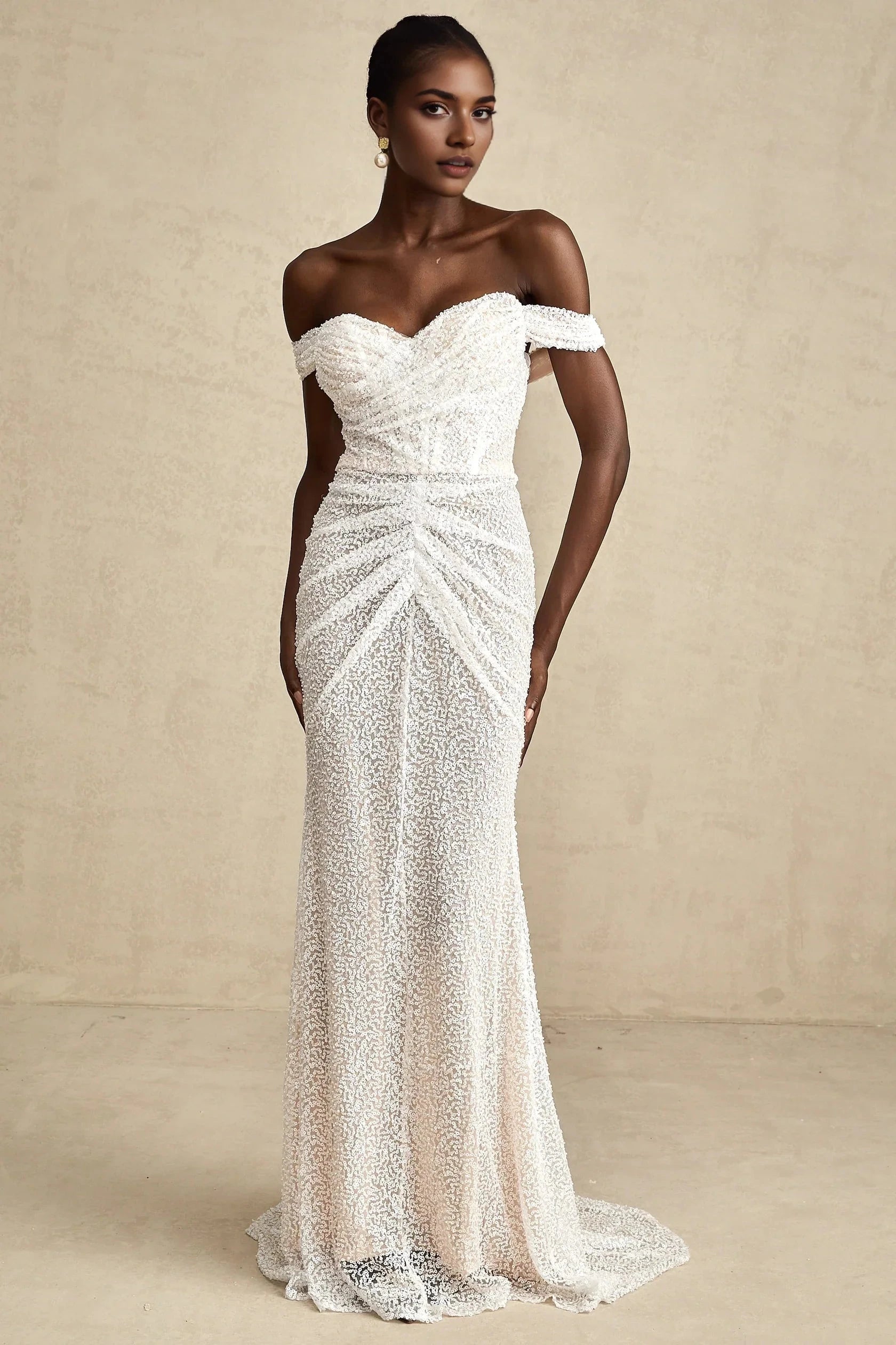 White Off - Shoulder Lace Mermaid Maxi Dress white embellished off-shoulder maxi dress Evening Dress by YiHuiw