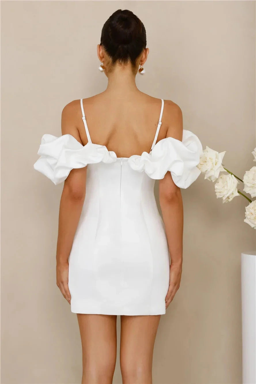 White Off-Shoulder Mini Dress with Ruffled Sleeves Off-the-shoulder elastic Flared skirt Short Prom Dress by YiHuiw