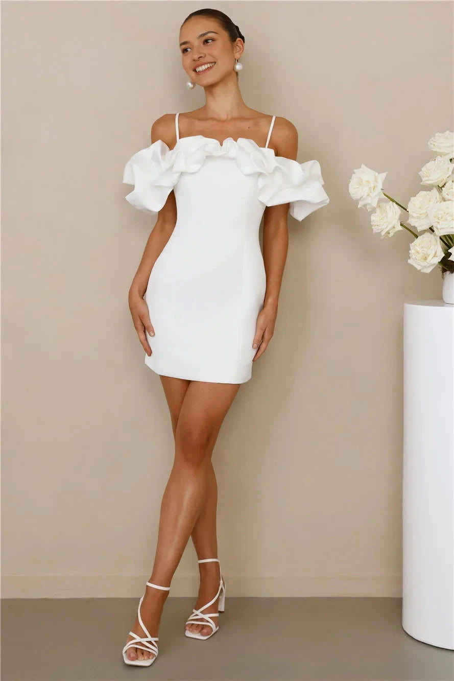 White Off-Shoulder Mini Dress with Ruffled Sleeves Off-the-shoulder elastic Flared skirt Short Prom Dress by YiHuiw