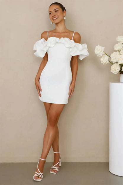 White Off-Shoulder Mini Dress with Ruffled Sleeves Off-the-shoulder elastic Flared skirt Short Prom Dress by YiHuiw