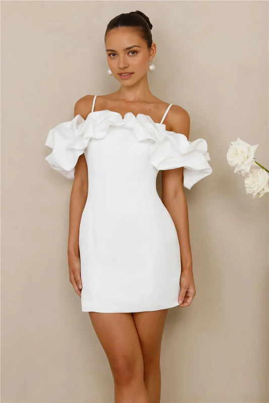 White Off-Shoulder Mini Dress with Ruffled Sleeves Off-the-shoulder elastic Flared skirt Short Prom Dress by YiHuiw