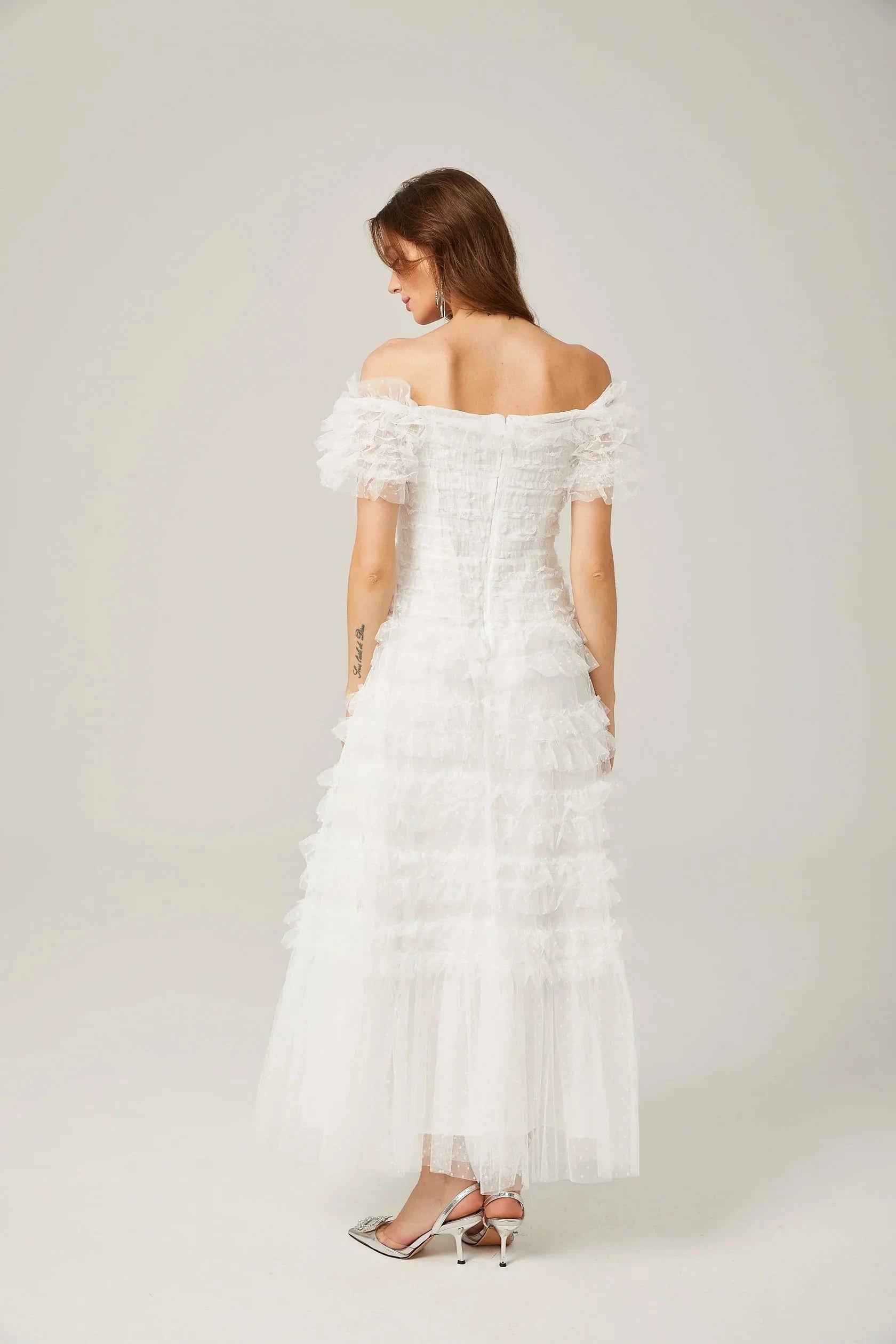 White Off - Shoulder Ruffled Tulle Maxi Dress Philippine ruffled tulle tiered midi dress Evening Dress by YiHuiw