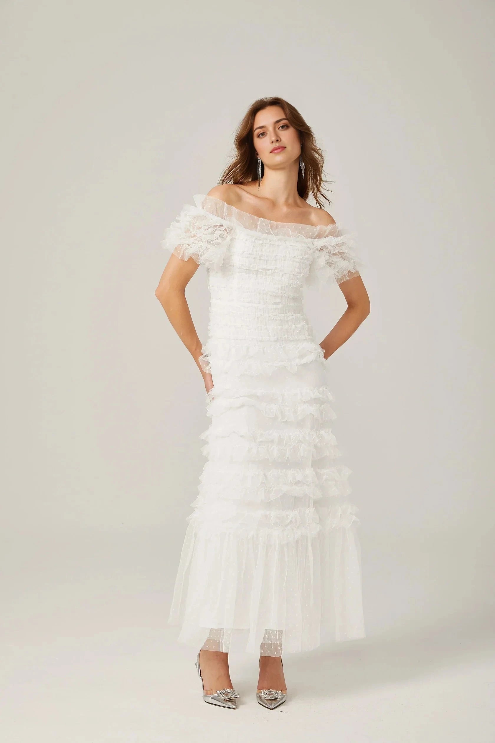 White Off - Shoulder Ruffled Tulle Maxi Dress Philippine ruffled tulle tiered midi dress Evening Dress by YiHuiw