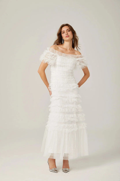 White Off - Shoulder Ruffled Tulle Maxi Dress Philippine ruffled tulle tiered midi dress Evening Dress by YiHuiw