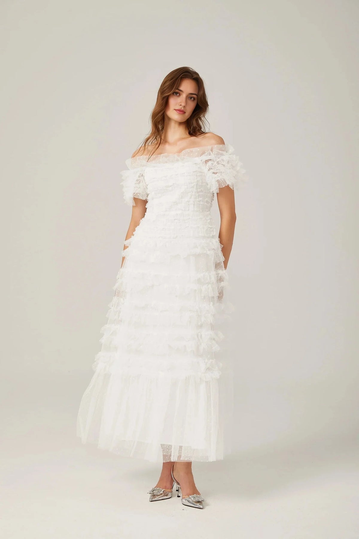 White Off - Shoulder Ruffled Tulle Maxi Dress Philippine ruffled tulle tiered midi dress Evening Dress by YiHuiw