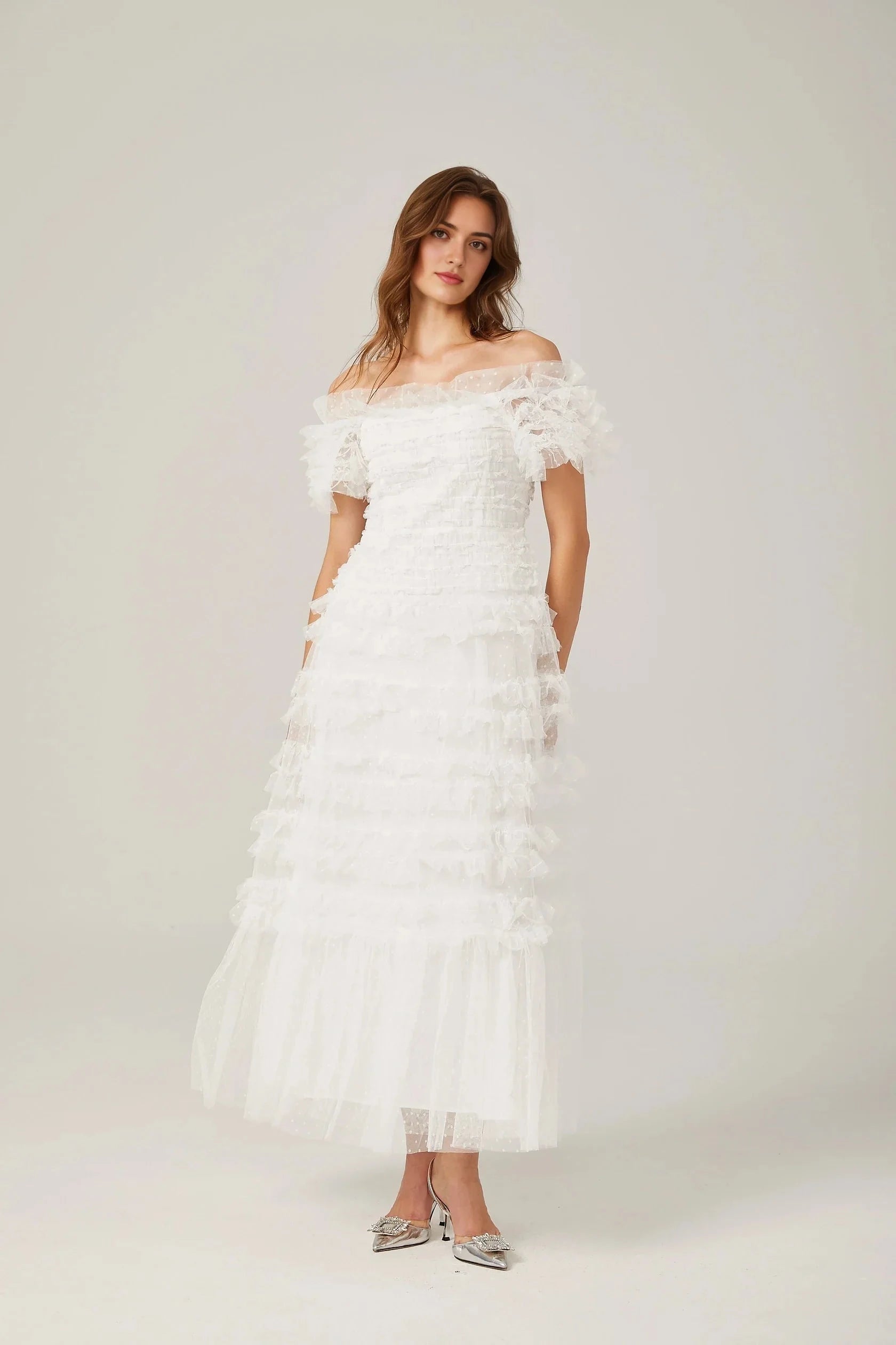 White Off - Shoulder Ruffled Tulle Maxi Dress Philippine ruffled tulle tiered midi dress Evening Dress by YiHuiw
