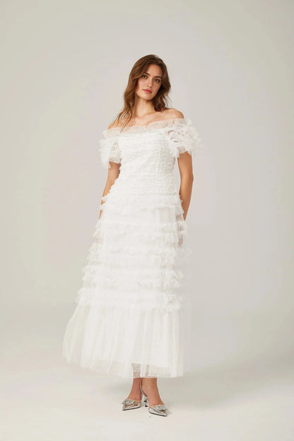 White Off - Shoulder Ruffled Tulle Maxi Dress Philippine ruffled tulle tiered midi dress Evening Dress by YiHuiw
