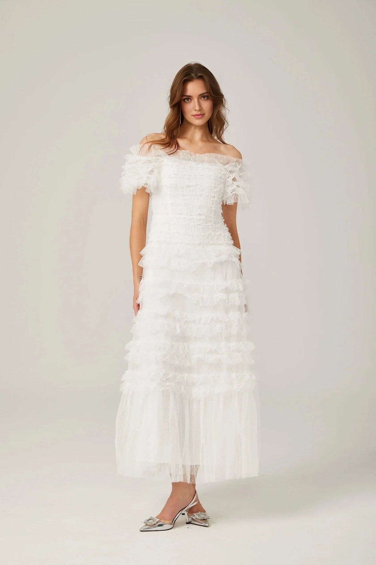 White Off - Shoulder Ruffled Tulle Maxi Dress Philippine ruffled tulle tiered midi dress Evening Dress by YiHuiw