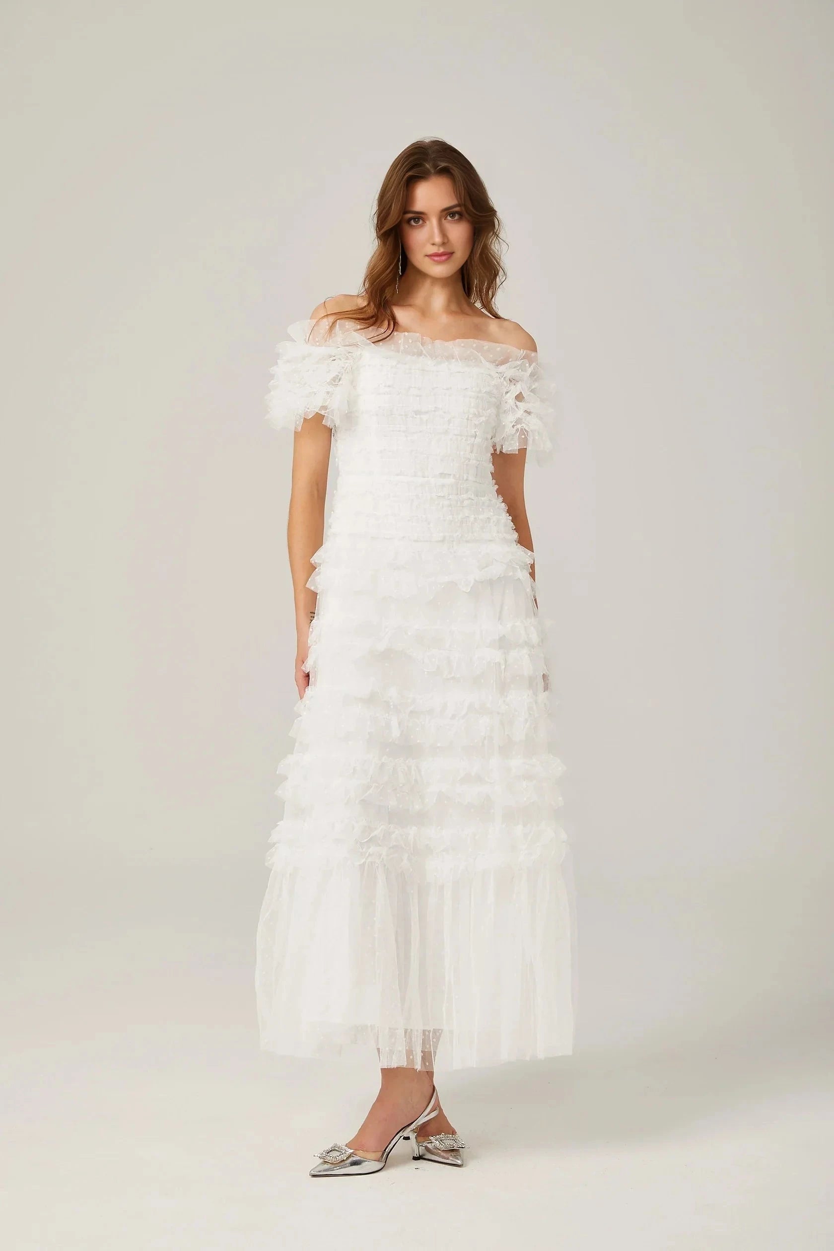 White Off - Shoulder Ruffled Tulle Maxi Dress Philippine ruffled tulle tiered midi dress Evening Dress by YiHuiw