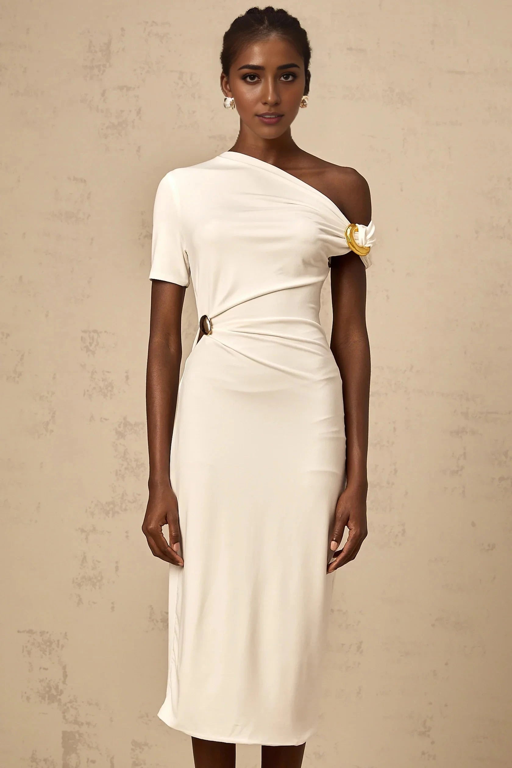 White One - Shoulder Cutout Midi Dress white asymmetrical buckle midi dress Evening Dress by YiHuiw