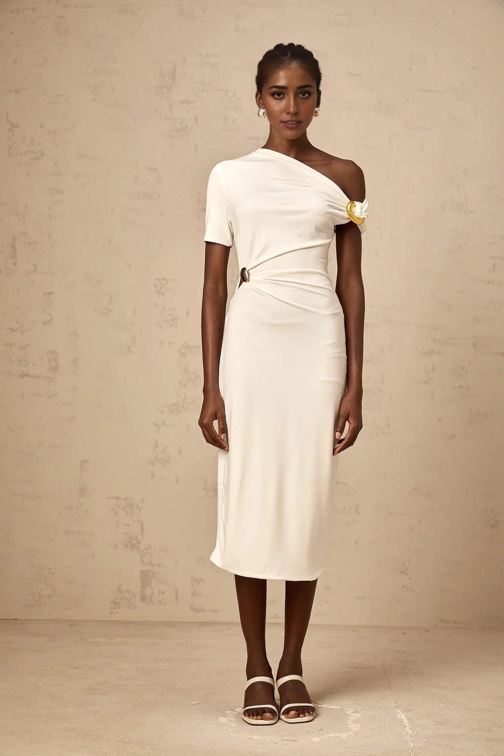 White One - Shoulder Cutout Midi Dress white asymmetrical buckle midi dress Evening Dress by YiHuiw