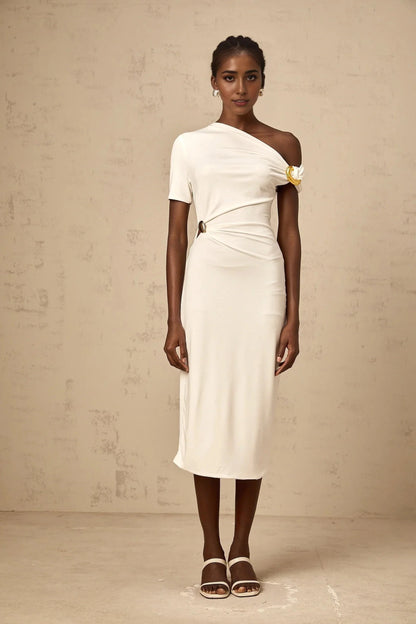 White One - Shoulder Cutout Midi Dress white asymmetrical buckle midi dress Evening Dress by YiHuiw