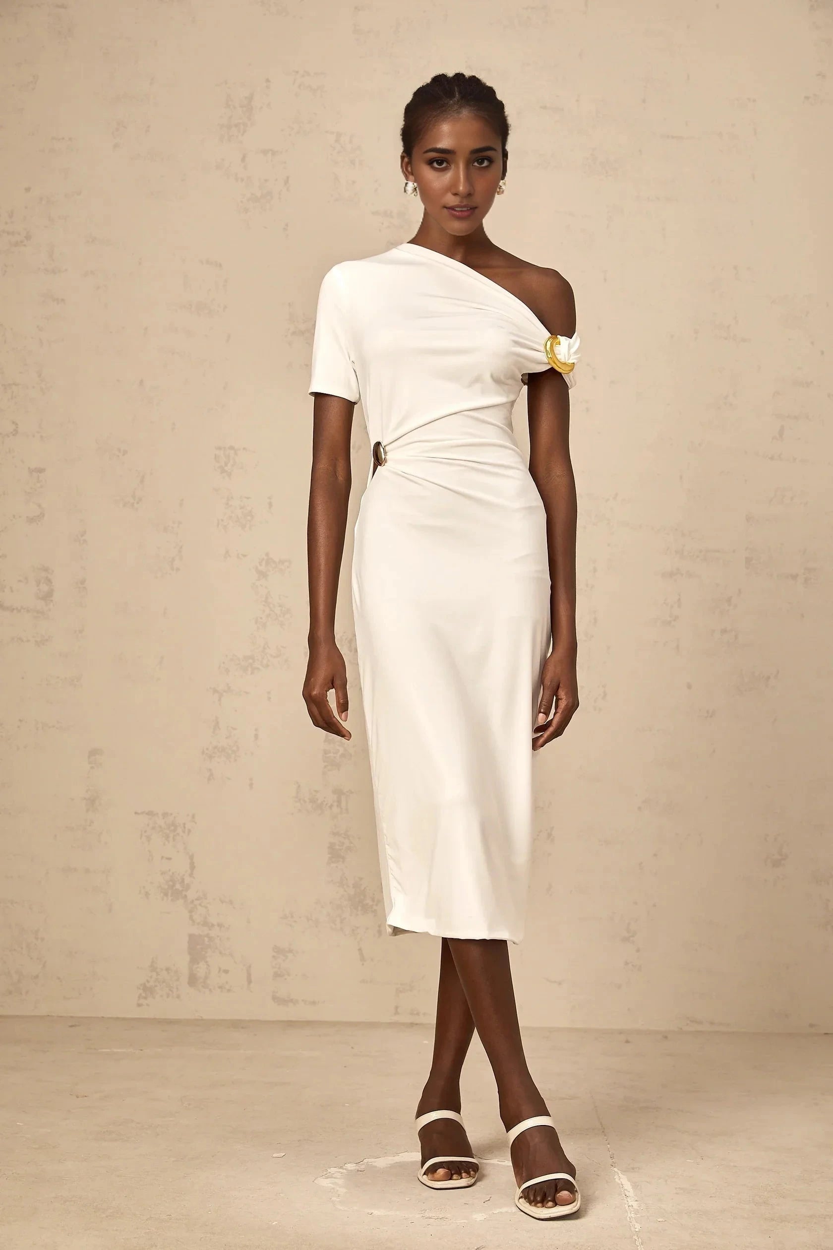 White One - Shoulder Cutout Midi Dress white asymmetrical buckle midi dress Evening Dress by YiHuiw