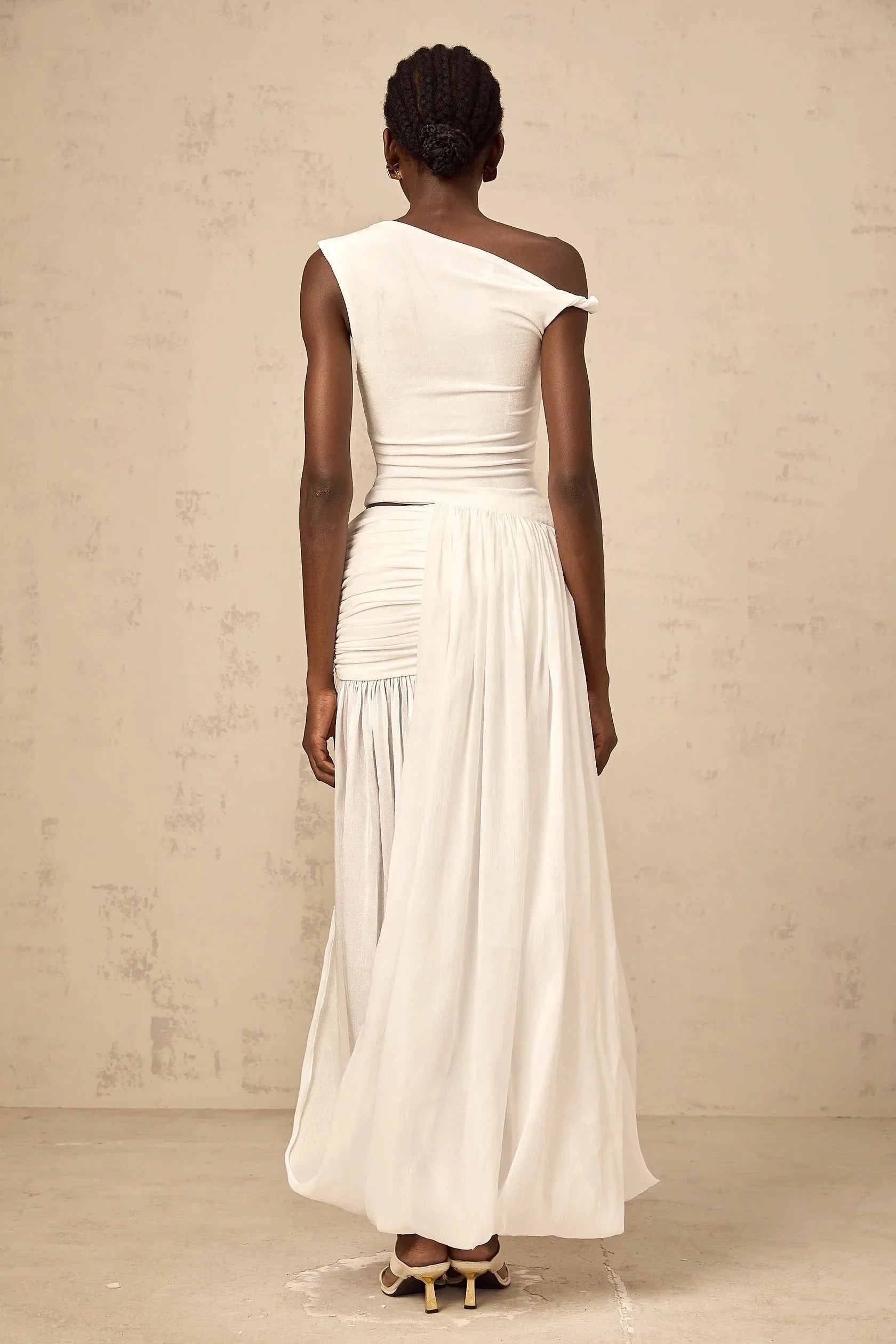 White One - Shoulder Draped Maxi Dress mono-shoulder shirred-panel maxi dress in White Evening Dress by YiHuiw