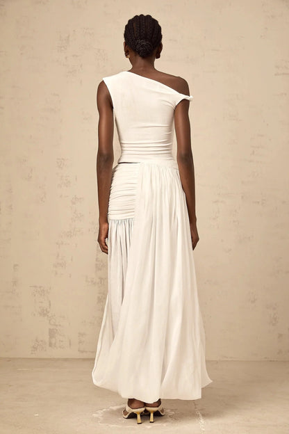 White One - Shoulder Draped Maxi Dress mono-shoulder shirred-panel maxi dress in White Evening Dress by YiHuiw