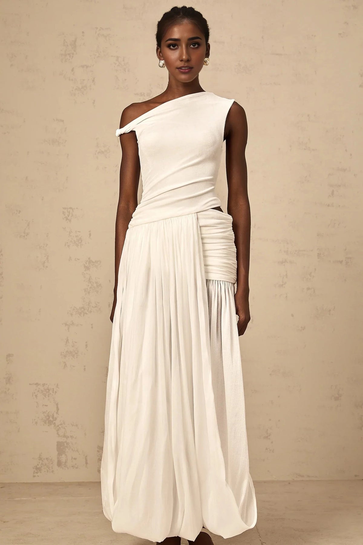 White One - Shoulder Draped Maxi Dress mono-shoulder shirred-panel maxi dress in White Evening Dress by YiHuiw