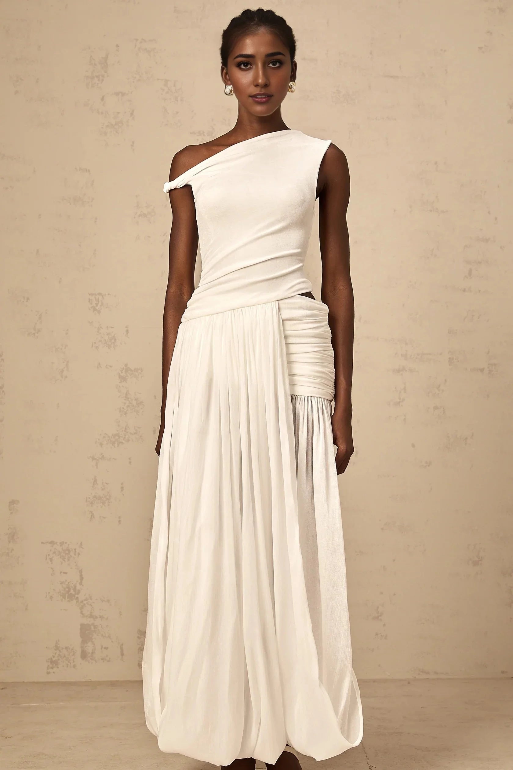 White One - Shoulder Draped Maxi Dress mono-shoulder shirred-panel maxi dress in White Evening Dress by YiHuiw