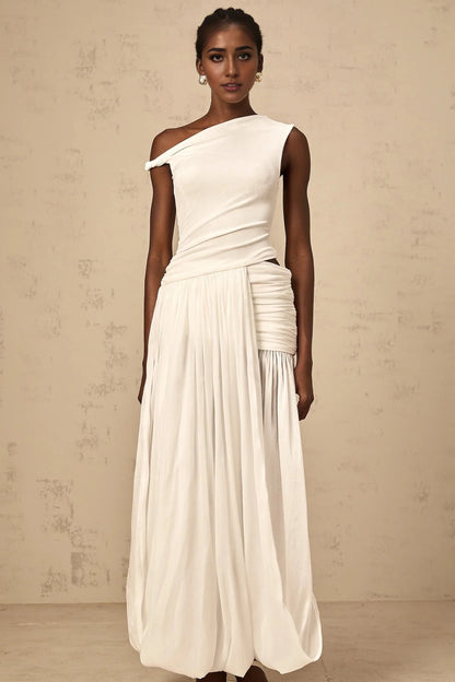 White One - Shoulder Draped Maxi Dress mono-shoulder shirred-panel maxi dress in White Evening Dress by YiHuiw