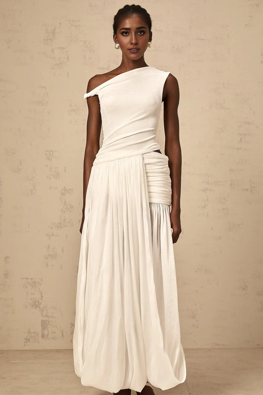 White One - Shoulder Draped Maxi Dress mono-shoulder shirred-panel maxi dress in White Evening Dress by YiHuiw