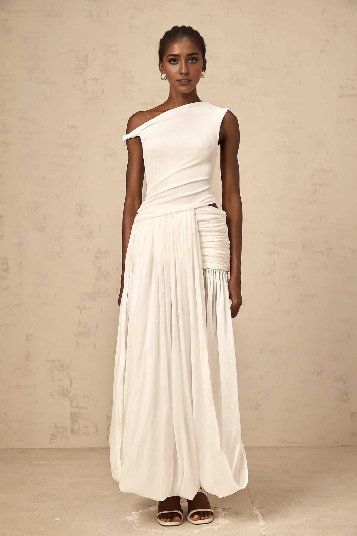 White One - Shoulder Draped Maxi Dress mono-shoulder shirred-panel maxi dress in White Evening Dress by YiHuiw