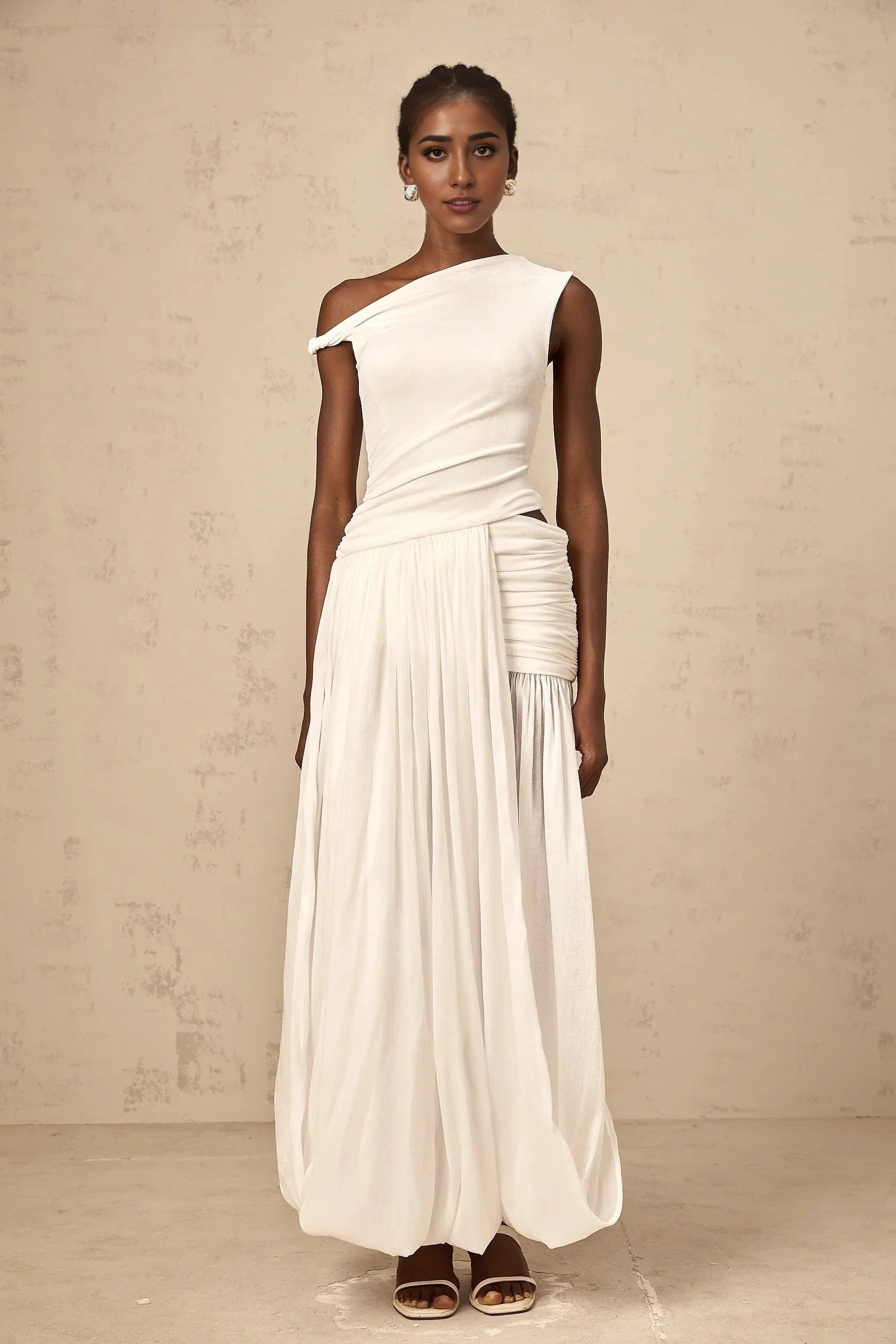 White One - Shoulder Draped Maxi Dress mono-shoulder shirred-panel maxi dress in White Evening Dress by YiHuiw