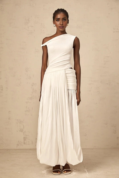 White One - Shoulder Draped Maxi Dress mono-shoulder shirred-panel maxi dress in White Evening Dress by YiHuiw